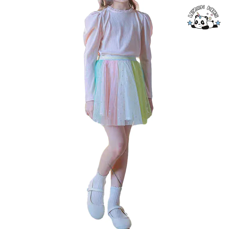 LEZONKIDS - Atacado de Novo Produto saia curta tutu de verão com estampa de lantejoulas colorida para meninas